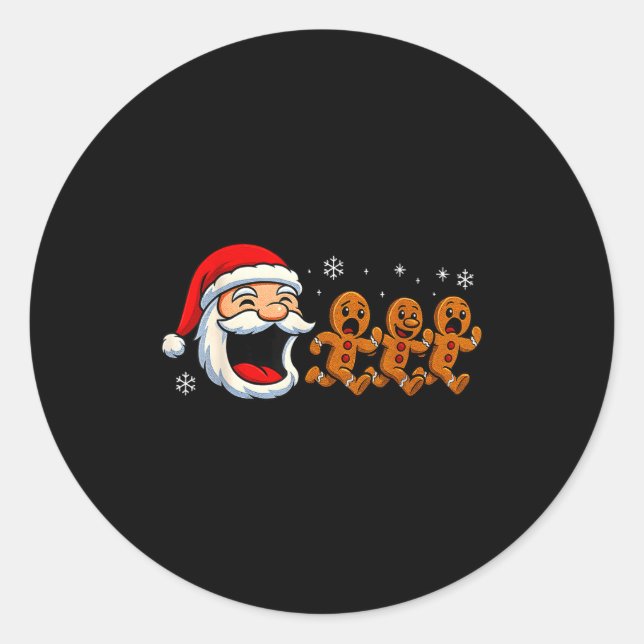 Pegatina Redonda Funny Santa Chasing Gingerbread Christmas Cookie  (Anverso)