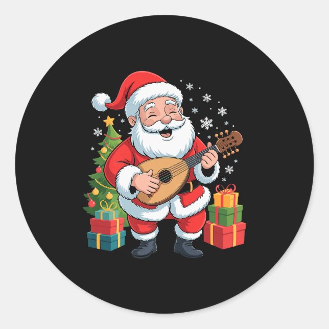 Pegatina Redonda Funny Santa Christmas Design Lute Holiday Xmas Paj (Anverso)