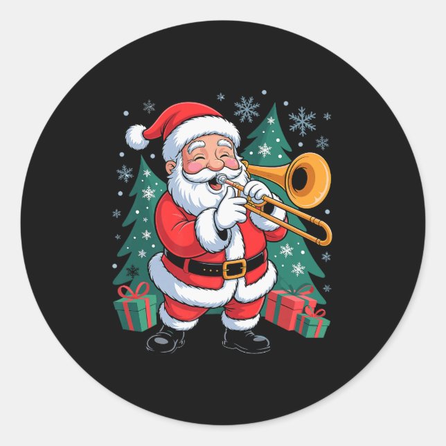 Pegatina Redonda Funny Santa Christmas Design Trombone Holiday Xmas (Anverso)