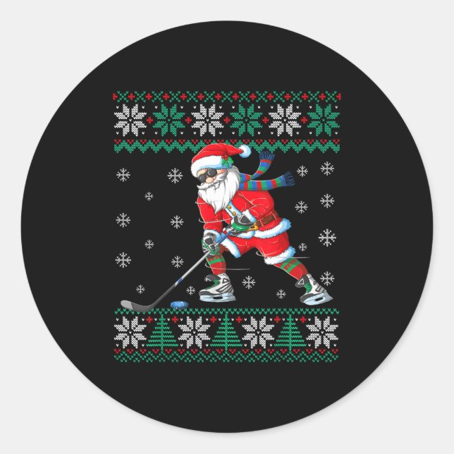 Pegatina Redonda Funny Santa Claus Christmas Ice Hockey Ugly Sweate (Anverso)