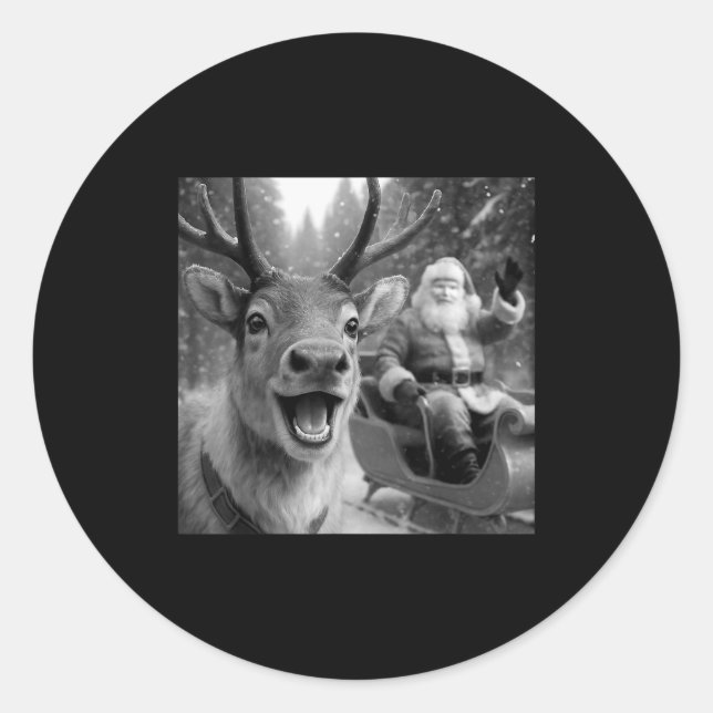 Pegatina Redonda Funny Santa Claus In Sleigh With Reindeer Christma (Anverso)