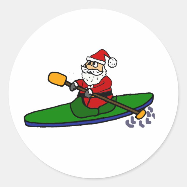 Pegatina Redonda Funny Santa Claus Kayaking Christmas Cartoon (Anverso)