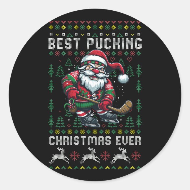 Pegatina Redonda Funny Santa Claus Navidades feos Hockey sobre hiel (Anverso)