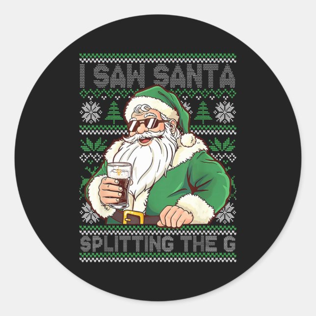 Pegatina Redonda Funny Santa Drinking Beer Splitting G Christmas Ad (Anverso)