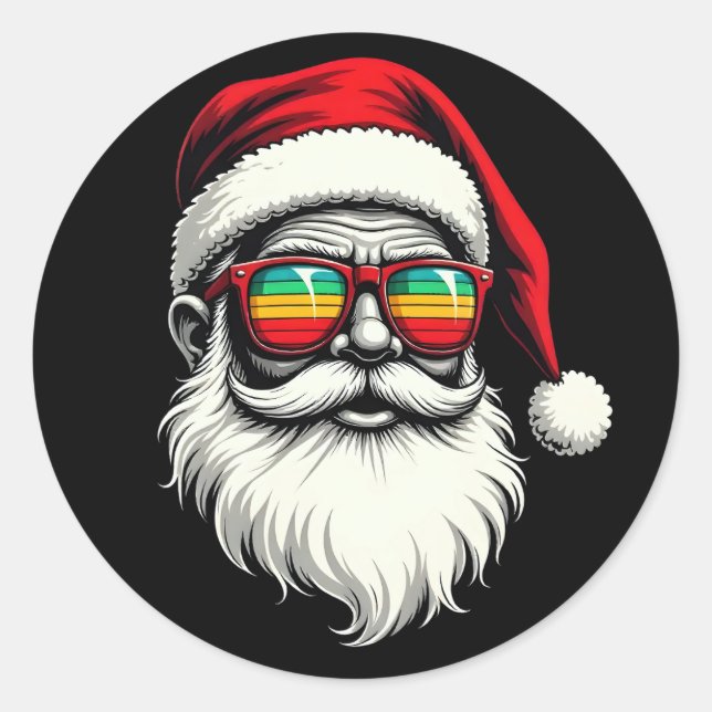 Pegatina Redonda Funny Santa Face Retro Sunglasses Christmas  (Anverso)