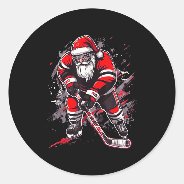Pegatina Redonda Funny Santa Hockey Christmas Retro Winter Player X (Anverso)