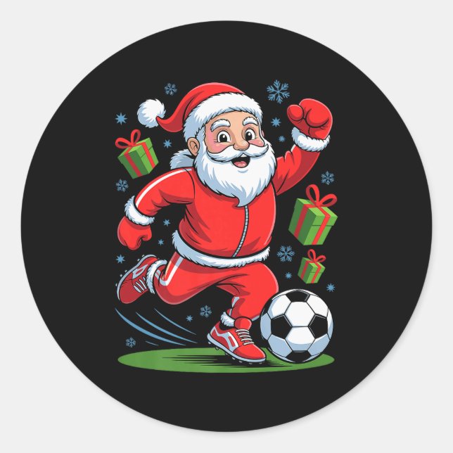 Pegatina Redonda Funny Santa Playing Soccer Holiday Christmas Xmas  (Anverso)