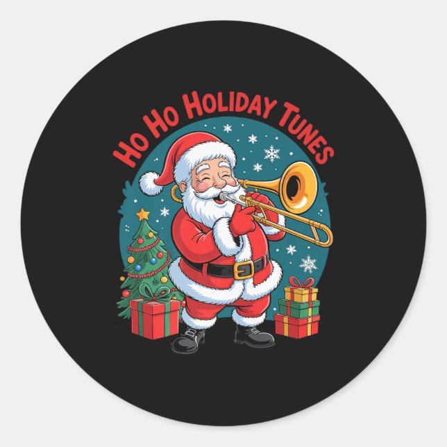 Pegatina Redonda Funny Santa Playing Trombone Holiday Chrismas Xmas (Anverso)