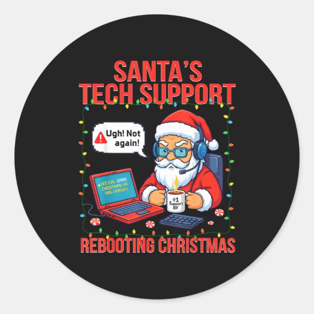 Pegatina Redonda Funny Santa Rebooting Support Engineer s Tech (Anverso)
