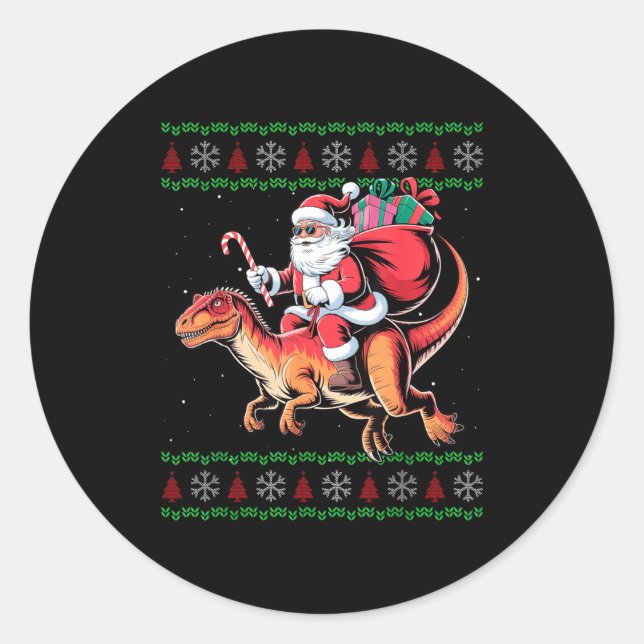 Pegatina Redonda Funny Santa Riding Dinosaur Animal Ugly Christmas  (Anverso)