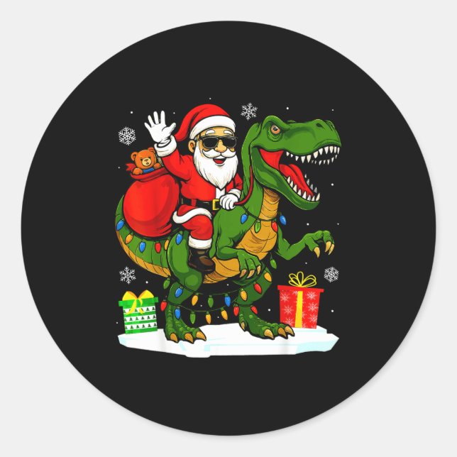 Pegatina Redonda Funny Santa Riding Dinosaur T Rex Christmas Santa  (Anverso)