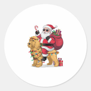 Pegatina Redonda Funny Santa Riding Goldendoodle Dog Navidades