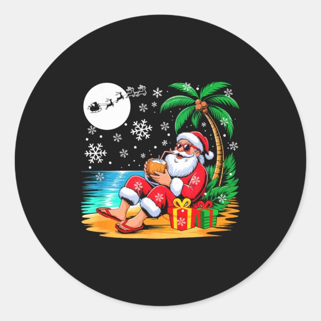 Pegatina Redonda Funny Santa Sungles Drinking Coconut On Beach Chri (Anverso)
