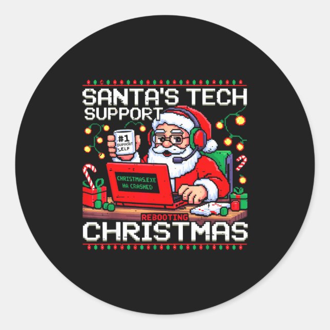 Pegatina Redonda Funny Santa's Tech Suprt Rebooting Christmas Ugly  (Anverso)