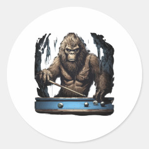 Pegatina Redonda Funny Sasquatch Bigfoot Jugando Billiards