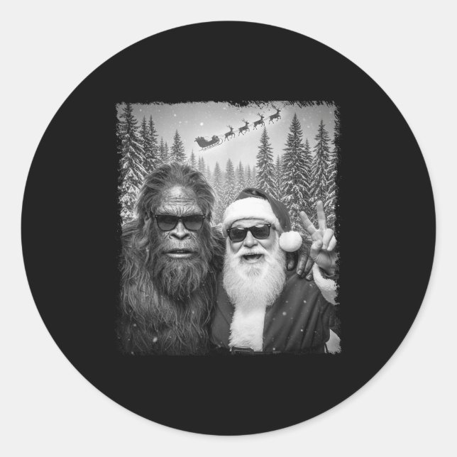 Pegatina Redonda Funny Sasquatch Meme Cool Selfie With Santa Christ (Anverso)