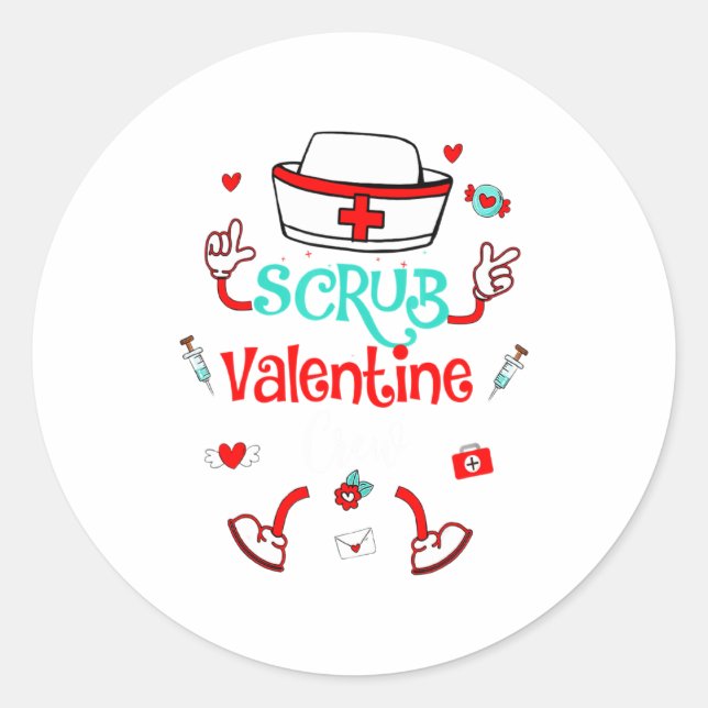 Pegatina Redonda Funny Scrub Valentines Day Nurse Crew Family Group (Anverso)