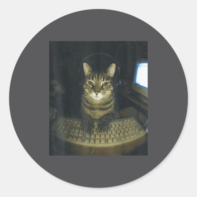 Pegatina Redonda Funny Serious Gamer Cat Lovers Stud Kitty Cat Meme (Anverso)