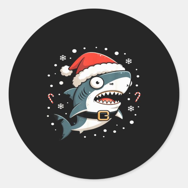 Pegatina Redonda Funny Shark Christmas Lights Santa Hat Ocean Desig (Anverso)