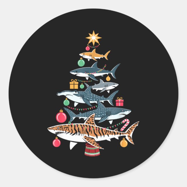 Pegatina Redonda Funny Shark Christmas Tree  (Anverso)