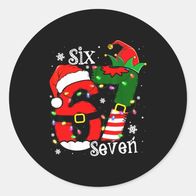 Pegatina Redonda Funny Six Seven 67 Meme 6 7 Elf Santa Christmas Pa (Anverso)