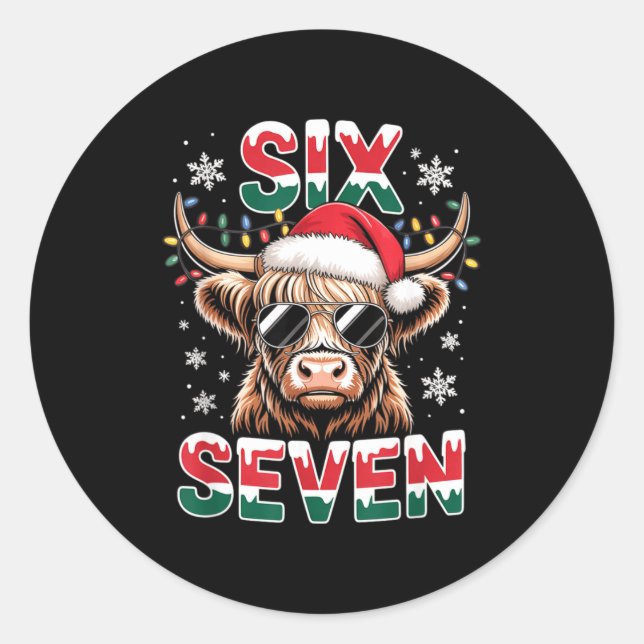 Pegatina Redonda Funny Six Seven Highland Cow Christmas 67 Cool Xma (Anverso)