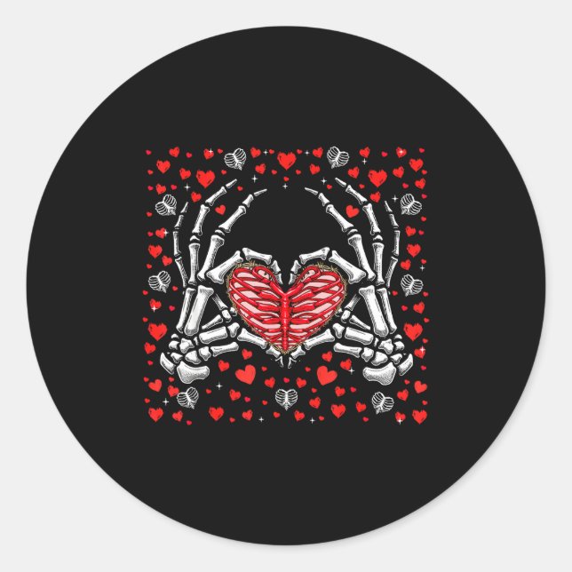 Pegatina Redonda Funny Skeleton Hand Heart Valentines Day Bones Lov (Anverso)