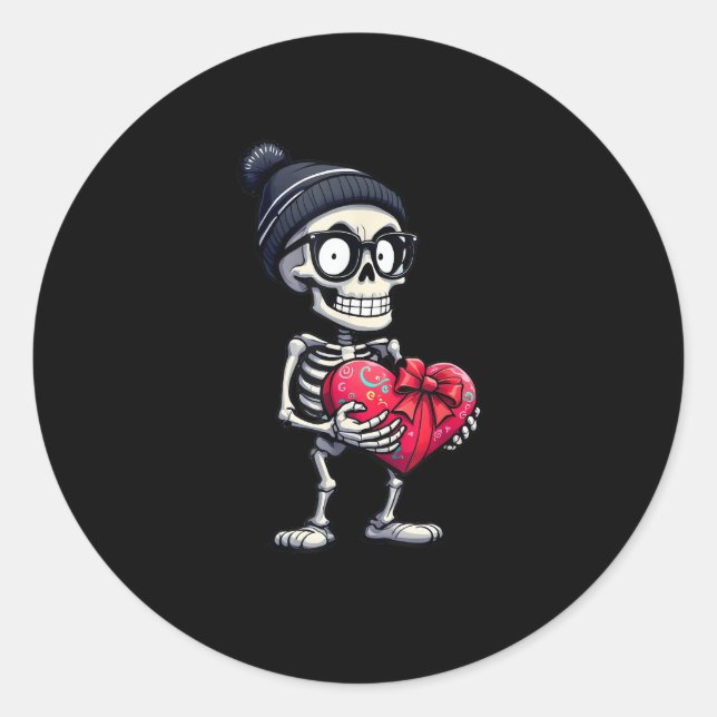 Pegatina Redonda Funny Skeleton Men Skeleton Heart Valentines (Anverso)