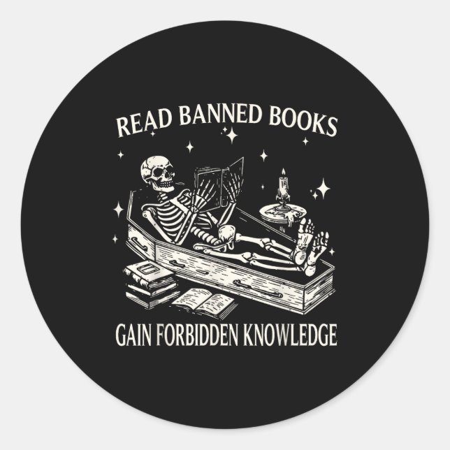 Pegatina Redonda Funny Skeleton Read Banned Books Gain Forbidden Kn (Anverso)