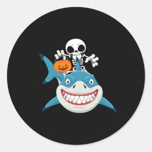 Pegatina Redonda Funny Skeleton Riding Shark Jack O'lantern Pumpkin