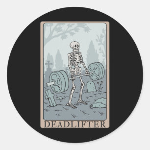 Pegatina Redonda Funny Skeleton Tarot Card Deadlifter Bodybuilding