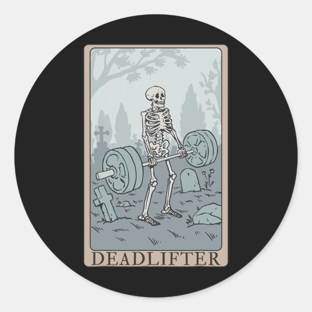 Pegatina Redonda Funny Skeleton Tarot Card Deadlifter Bodybuilding (Anverso)