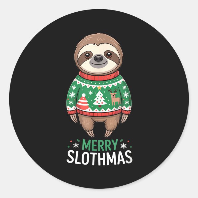 Pegatina Redonda Funny Sloth Lover Christmas Merry Slothmas Ugly Ho (Anverso)