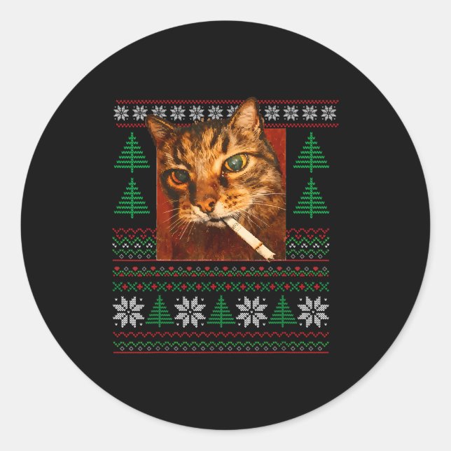 Pegatina Redonda Funny Smoking Cat Meme Christmas Ugly  (Anverso)