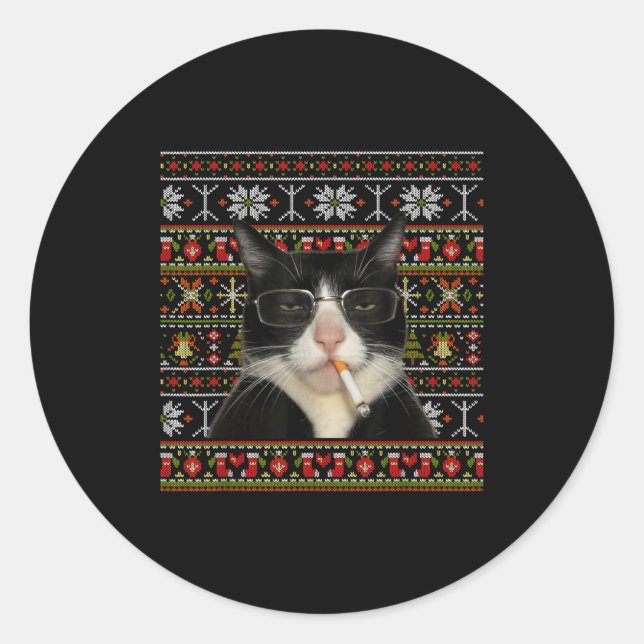 Pegatina Redonda Funny Smoking Cat Meme Christmas Ugly Sweater Cat  (Anverso)