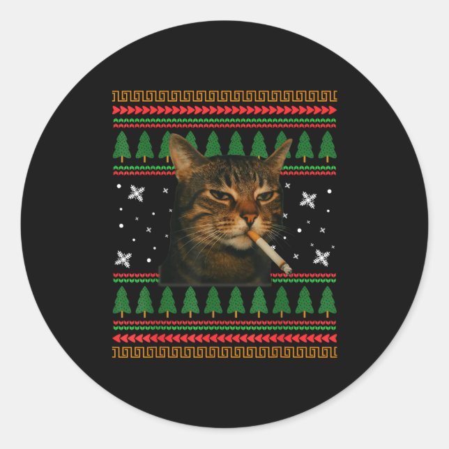 Pegatina Redonda Funny Smoking Cat Meme Christmas Ugly Sweater Cat  (Anverso)