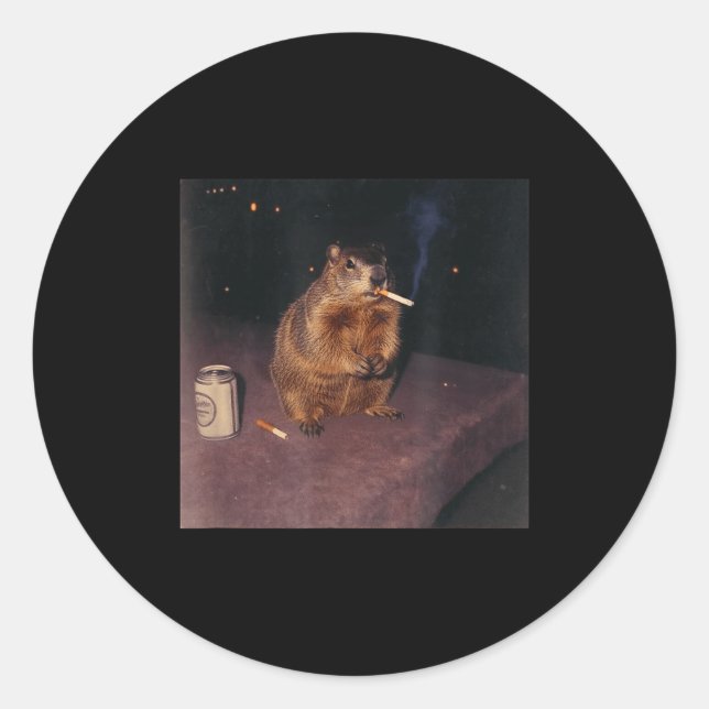 Pegatina Redonda Funny Smoking Groundhog Cigarette Gen Z Retro Meme (Anverso)
