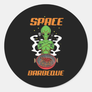 Pegatina Redonda Funny Space Barbecue Alien Grill Chef Bbq