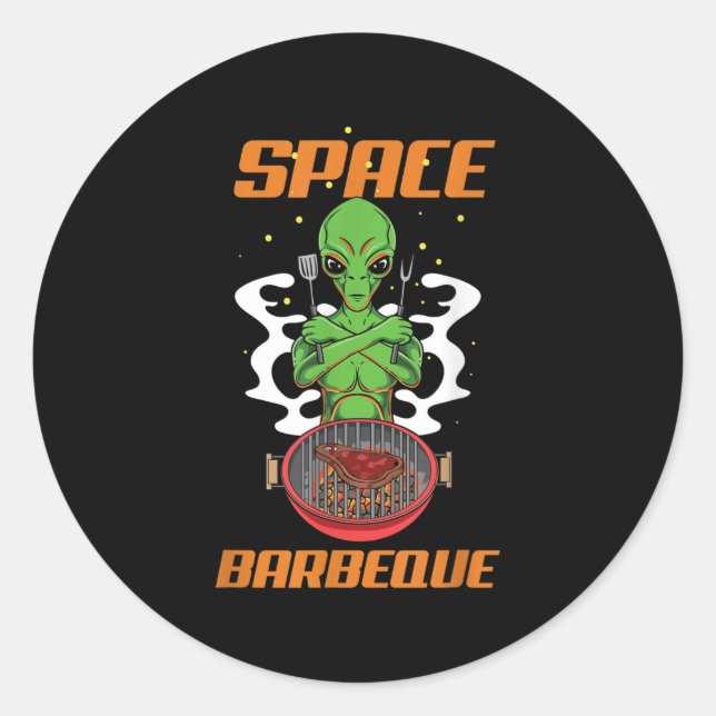 Pegatina Redonda Funny Space Barbecue Alien Grill Chef Bbq (Anverso)
