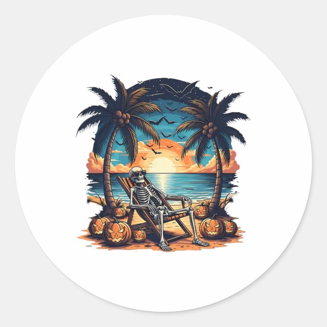 Pegatina Redonda Funny Summerween Skeleton Beach Fiesta Halloween V (Anverso)