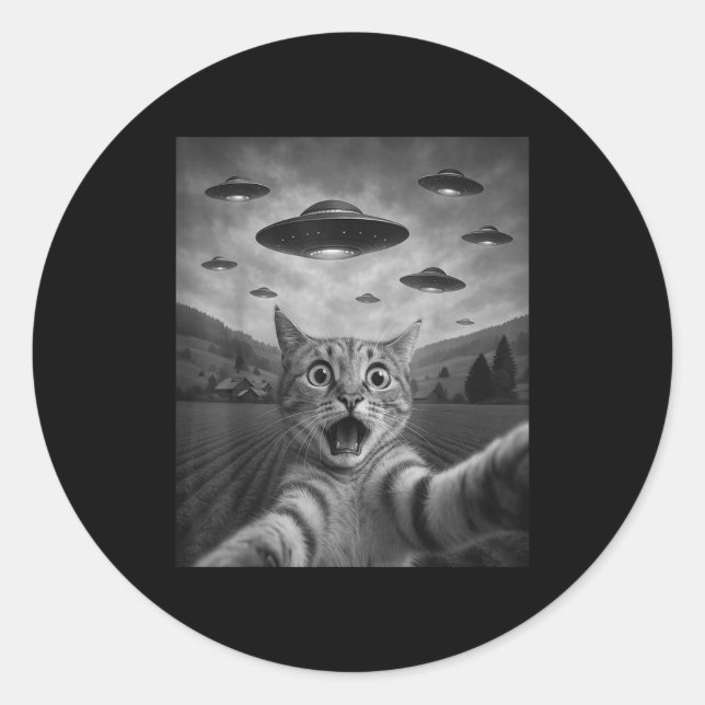 Pegatina Redonda Funny Surprised Ed Cat Selfie With Alien Ufo Cat U (Anverso)