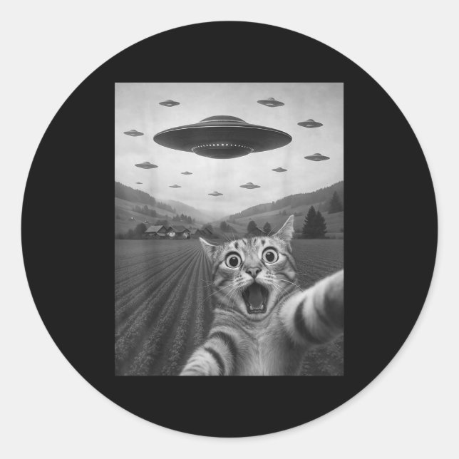Pegatina Redonda Funny Surprised Ed Cat Selfie With Alien Ufo Cat U (Anverso)