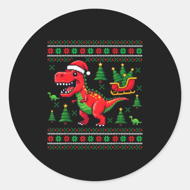 Pegatina Redonda Funny T-rex Dinosaur Ugly Christmas Pajama Xmas  (Anverso)