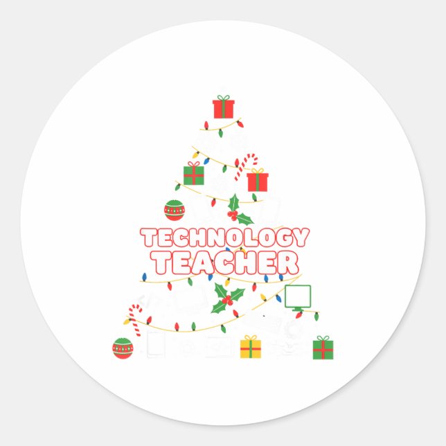 Pegatina Redonda Funny Technology Teacher Christmas Tree Lights Wom (Anverso)