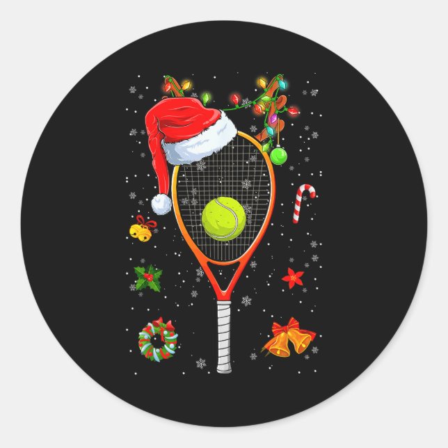 Pegatina Redonda Funny Tennis Racket Reindeer Santa Hat Christmas L (Anverso)