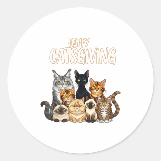 Pegatina Redonda Funny Thanksgiving Cat Lovers Gift Happy Catsgivin (Anverso)
