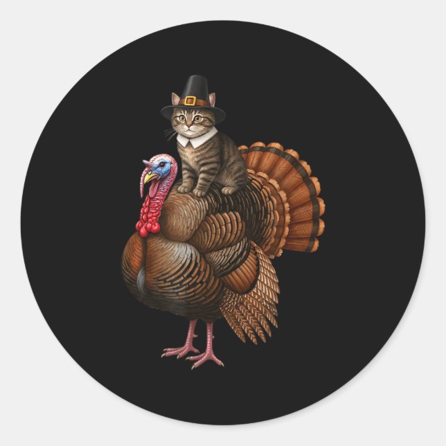 Pegatina Redonda Funny Thanksgiving Cat On Turkey, Lgrim Hat Turkey (Anverso)