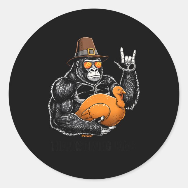 Pegatina Redonda Funny Thanksgiving Gorilla Holding Turkey Lgrim Ha (Anverso)