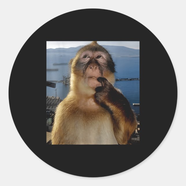 Pegatina Redonda Funny Thinking Monkey Meme Curious Ape Brainrot Gi (Anverso)