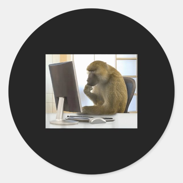 Pegatina Redonda Funny Thinking Monkey Meme Office Curious Ape Brai (Anverso)